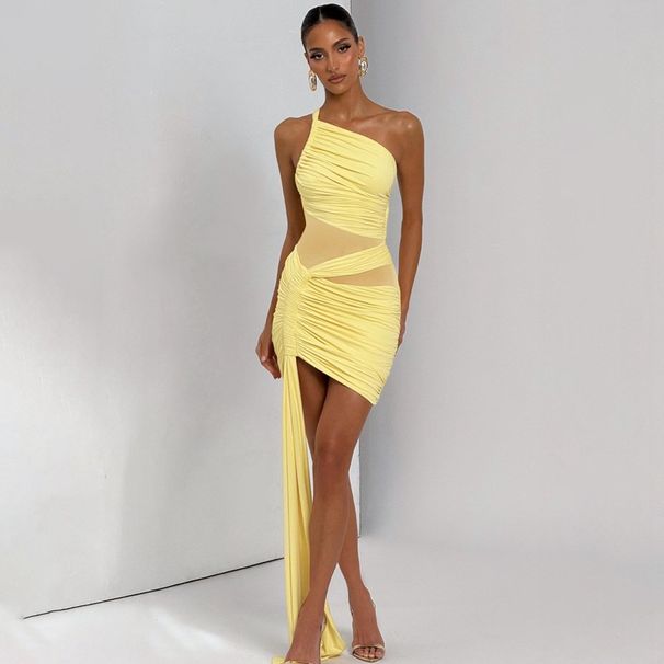 2025 Summer New Sexy Mesh Patchwork Sheer Slim Fit Ruched One-Shoulder Ribbon Bodycon Dress_ecoleips.com