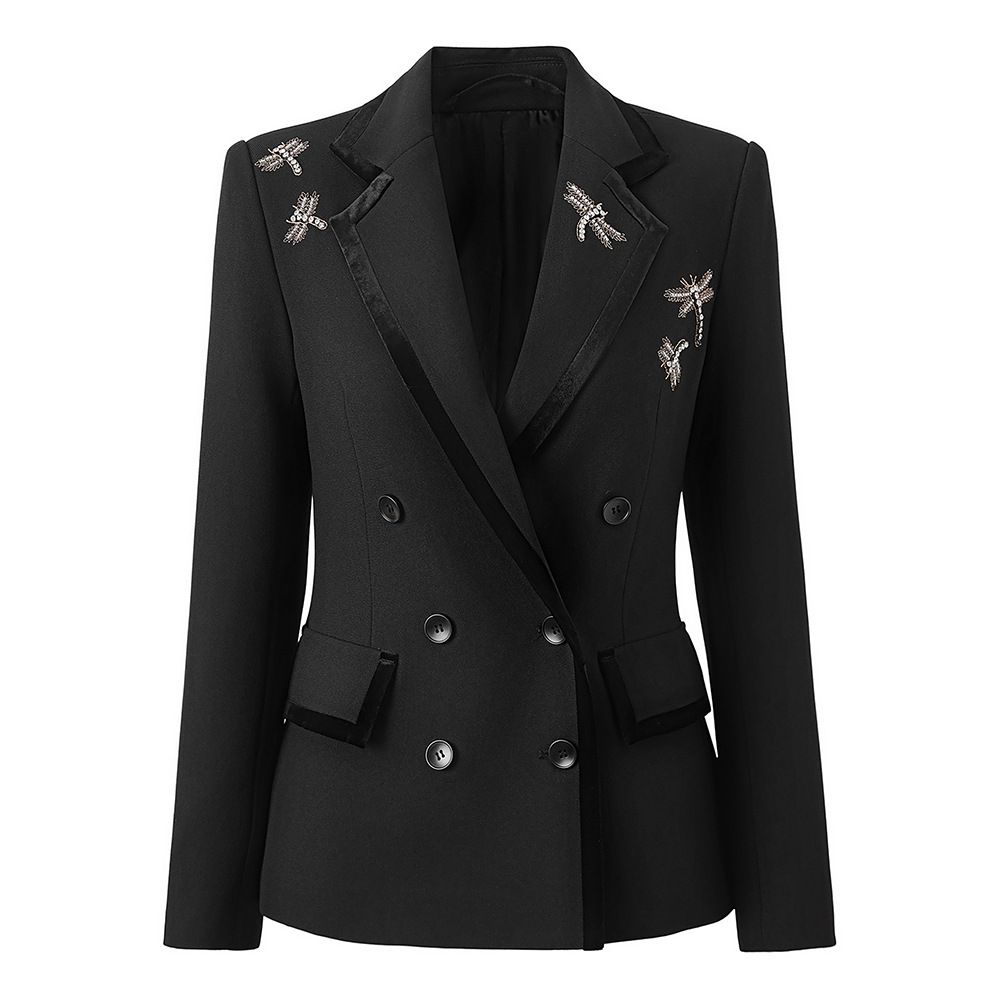 Women's Clothing Autumn High End Velvet Edge Double Breasted Suit Jacket Heavy Nail Diamond Dragonfly Embroidered Suit_ecoleips.com