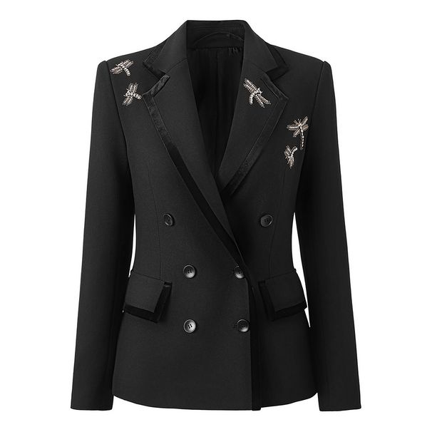 Women's Clothing Autumn High End Velvet Edge Double Breasted Suit Jacket Heavy Nail Diamond Dragonfly Embroidered Suit_ecoleips.com