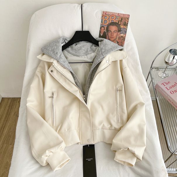 Women's Korean-Inspired Hooded Faux Leather Jacket Asymmetrical Two-Tone Design Fashion Outerwear for Fall Winter Stylish Layered Look_ecoleips.com