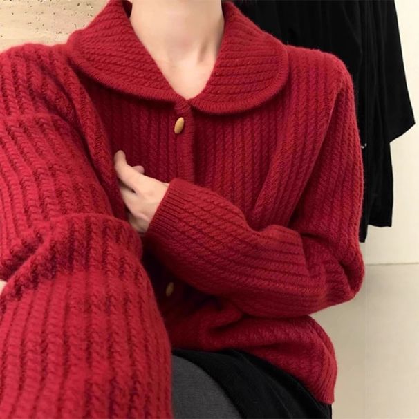 Aria Basics Aria Basics New Year Red Collared Sweater Coat For Women, Autumn And Winter Korean Retro Style, Chic Doll Collar Knitted Cardigan_ecoleips.com
