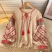 Vintage Ethnic Style Women's Blouse Heavy Embroidery round Neck Tie Lantern Sleeve Loose Fit Versatile Slimming Top_ecoleips.com