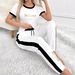 Gold Line Letter Print Top And Tie Waist Pants Set Short Sleeve Spring/Autumn Style Women's Fashion Outfit_ecoleips.com