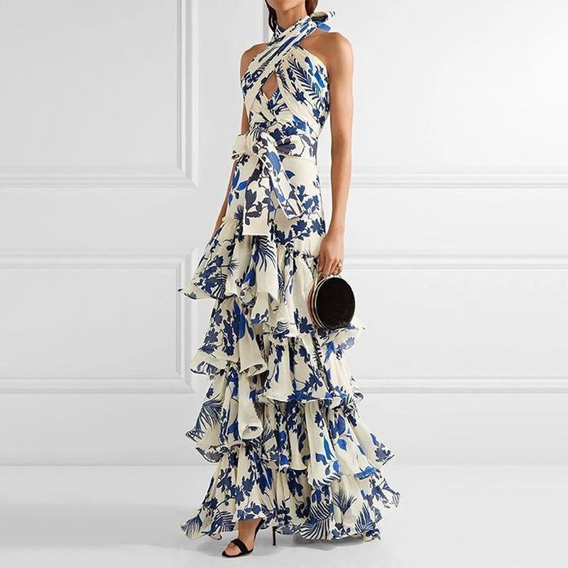 Temperament Elegant Style Waist Thin Long Cake Skirt Summer New Design Printing Neck Dress Women_ecoleips.com