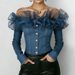 Women's Clothing Women's Blue Denim Top Off-Shoulder Button Decorated Shirt Ruffled Mesh Trim Spring/Autumn_ecoleips.com