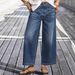 Women's Retro Wide Leg Casual Jeans mid Rise Stretch Distressed Hem Slanted Pockets Cropped Length European American Style_ecoleips.com