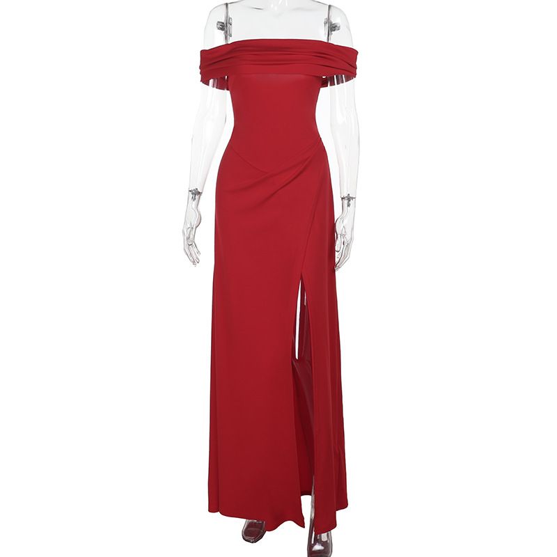 Women's Clothing V Neck Kylie Same Style One Shoulder Slit Dress Temperament Waist Sexy Tube Top Long Skirt_ecoleips.com