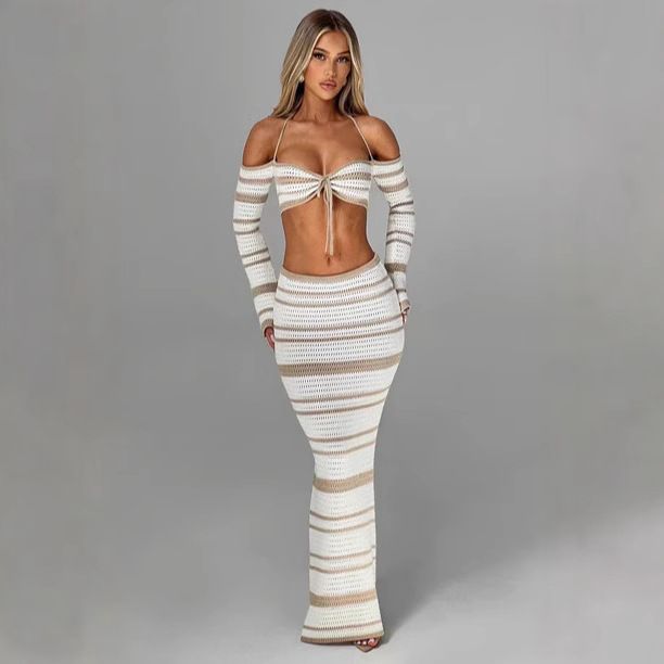 Women's Clothing Set Summer Striped Long Sleeve Halter Neck Top Skirt Two Piece Set_ecoleips.com