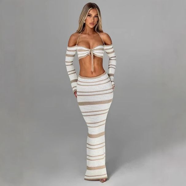 Women's Clothing Set Summer Striped Long Sleeve Halter Neck Top Skirt Two Piece Set_ecoleips.com