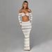Women's Clothing Set Summer Striped Long Sleeve Halter Neck Top Skirt Two Piece Set_ecoleips.com