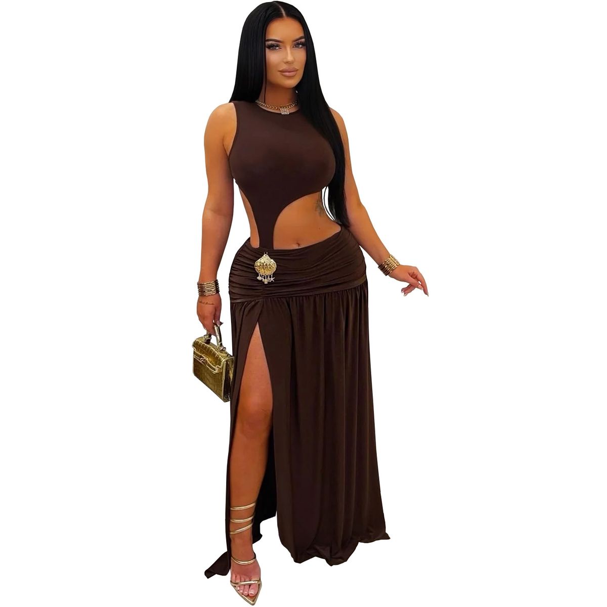 Women's Sexy High-Slit Bodycon Dress – Sleeveless Crop Top & Side Slit Elegant Midi Dress (Black/Burgundy/Brown, S-Xxl)_ecoleips.com