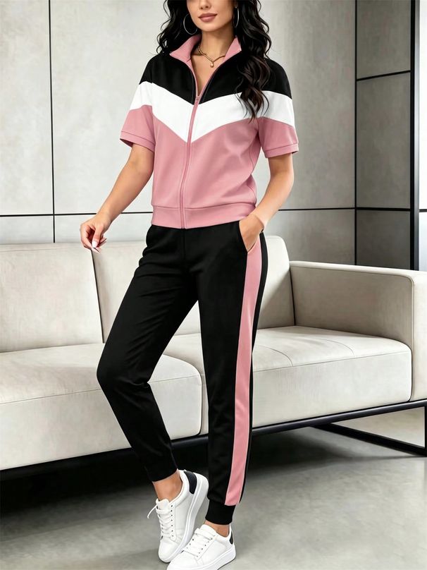 Women's Fashionable Sportswear Set Short Sleeved Zip up Top And Jogger Pants Spring Summer New Arrivals in Stock_ecoleips.com
