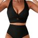 Women's European American Style Textured Bikini Set Front Knotted Top High Waisted Swimsuit Sexy Simple Style For Spring/Autumn Summer_ecoleips.com