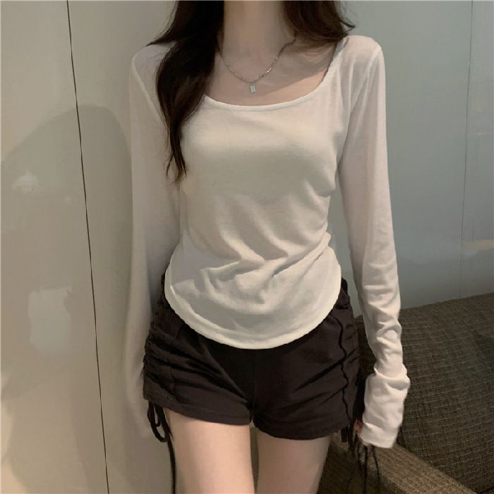 Long-sleeved T-shirt Women's Autumn And Winter New Trendy Irregular Slim-fit Student Casual Short Top Bottoming Shirt_ecoleips.com