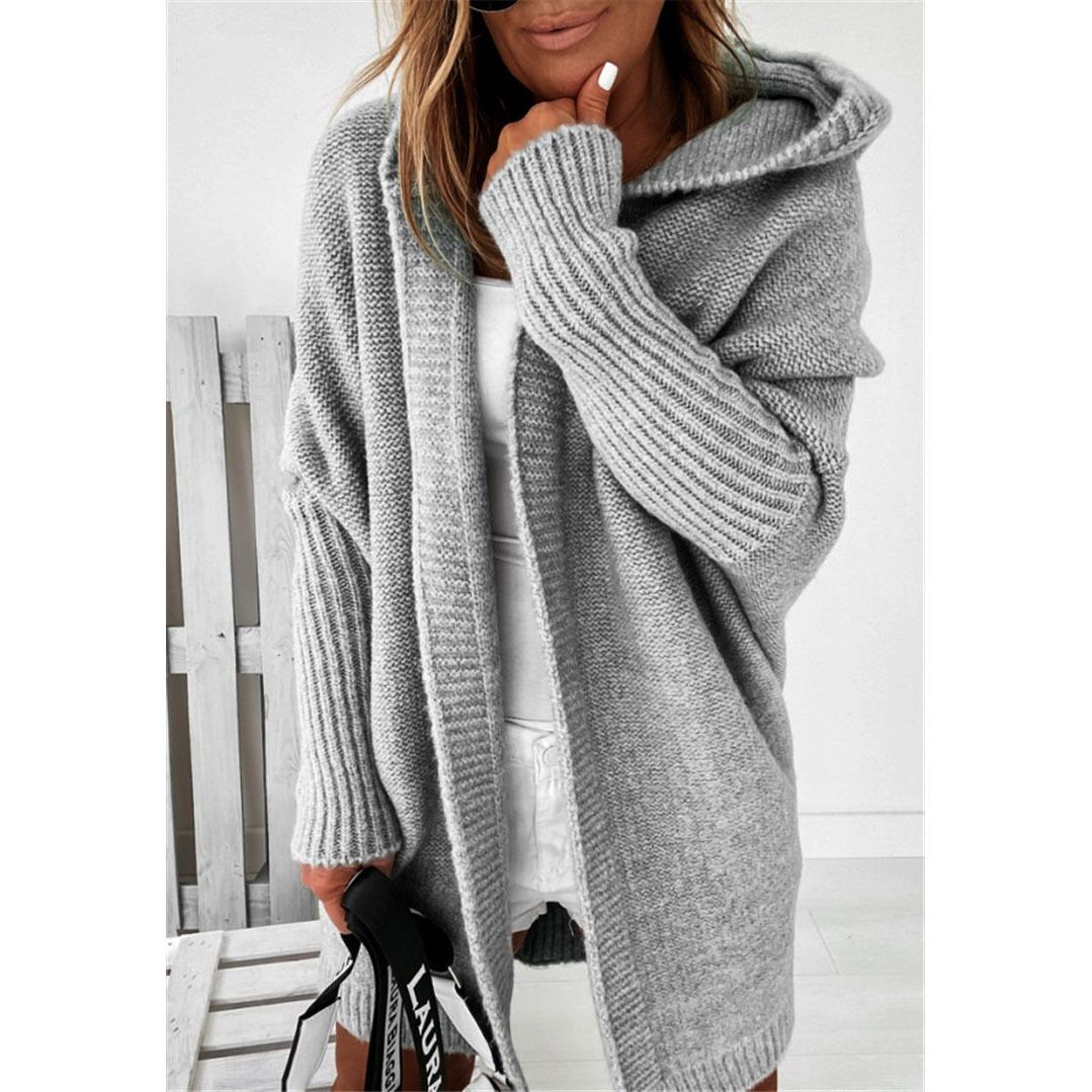Cozy Batwing Sleeve Hooded Cardigan Sweater For Women - Soft Acrylic Knit Pullover With Long Sleeves & Oversized Fit, Vintage Casual Style_ecoleips.com
