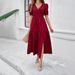 Spring Summer Women Elegant Solid Color V Neck Short Sleeve Big Swing Flared Long Maxi Dress_ecoleips.com