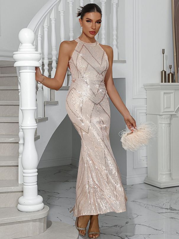 European And American Sexy Women's Sequined Dress Strapless Backless Long Fishtail Skirt Party Dress_ecoleips.com