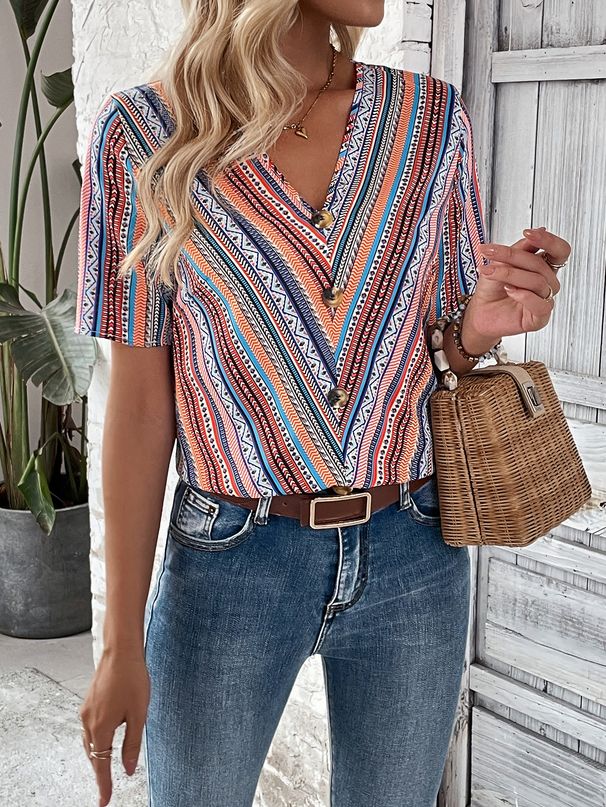 Women's Clothing Summer V Neck Women's Top Ethnic Stripe Print Short Sleeved Best Selling For Formal & Casual For Women_ecoleips.com