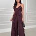 Women's Clothing Solid Color Chiffon V Neck Suspenders Ruffle Straight Pants Two Piece Set_ecoleips.com