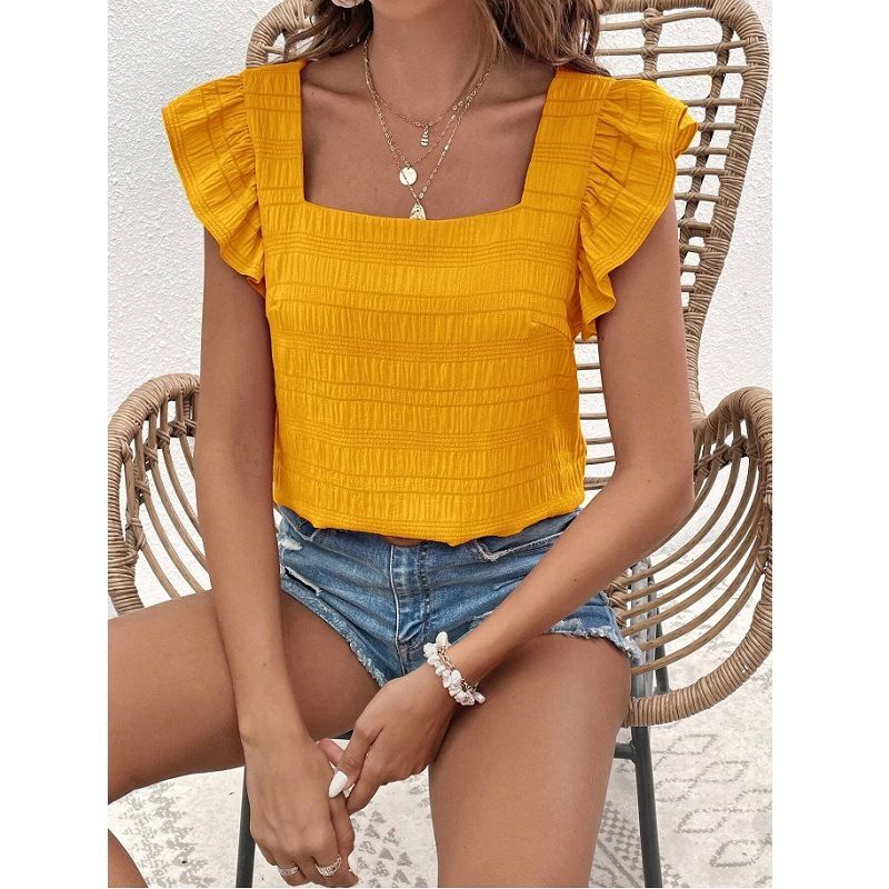 Verve 2025 Women's Spring Summer New Square Neck Ruffle Blouse Top_ecoleips.com