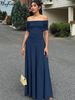 Hugcitar Elegant Slash Neck Short Sleeve Solid Ruched Sexy Bodycon Maxi Dress Fall Women Fashion Outfits Birthday Party Vacation_ecoleips.com