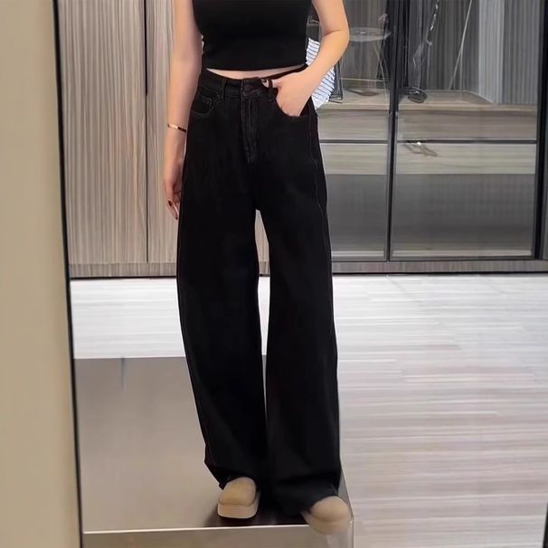 2024 Autumn/Winter New Wide-Leg Jeans For Plus-Size Women, Elastic Loose Fit, High-Waisted, Slimming, Straight-Leg_ecoleips.com