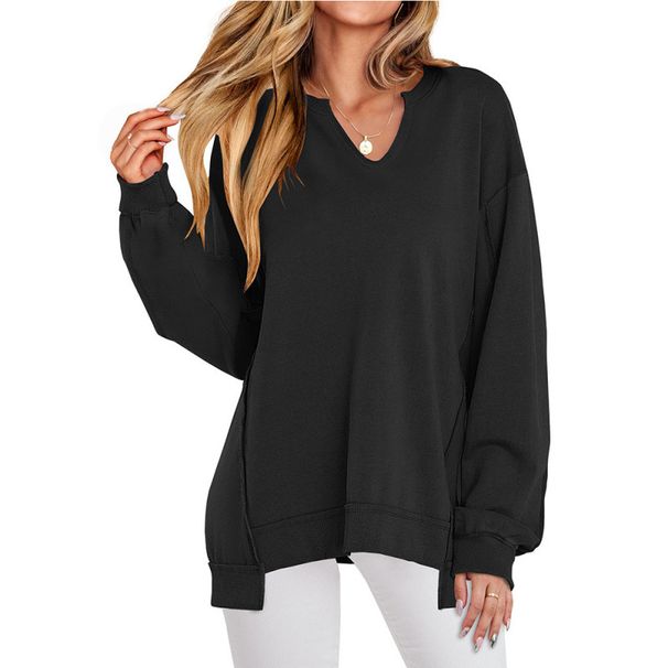 Autumn And Winter Colorful Striped V-Neck Loose Sweatshirt Sweatshirt Women's Contrast T-Shirt_ecoleips.com
