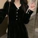 French Vintage Black Dress Autumn And Winter Hepburn-Style Velvet V-Neck Niche Slimming Temperament Long Skirt_ecoleips.com