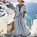 European And American V-neck Fashion Elegant Commuter Striped Dress Printed Women's_ecoleips.com