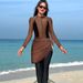 Muslim Swimsuit European Style Long Sleeve Swimsuit Set With Skirt For Women Fashionable Color Block Design With Chest Pad_ecoleips.com