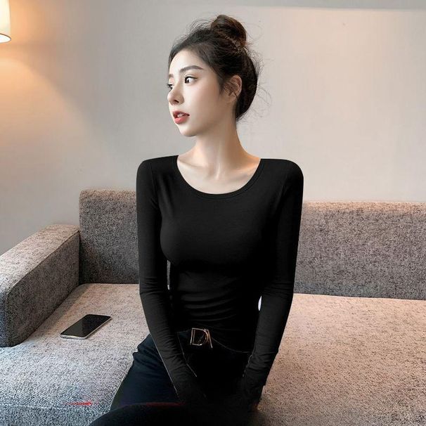 Women Will Wear Tight-fitting Pure Desire U-neck Slim-fitting Fashion Bottoming Shirt In Autumn And Winter 2025, Simple Long-sleeved T-shirt_ecoleips.com