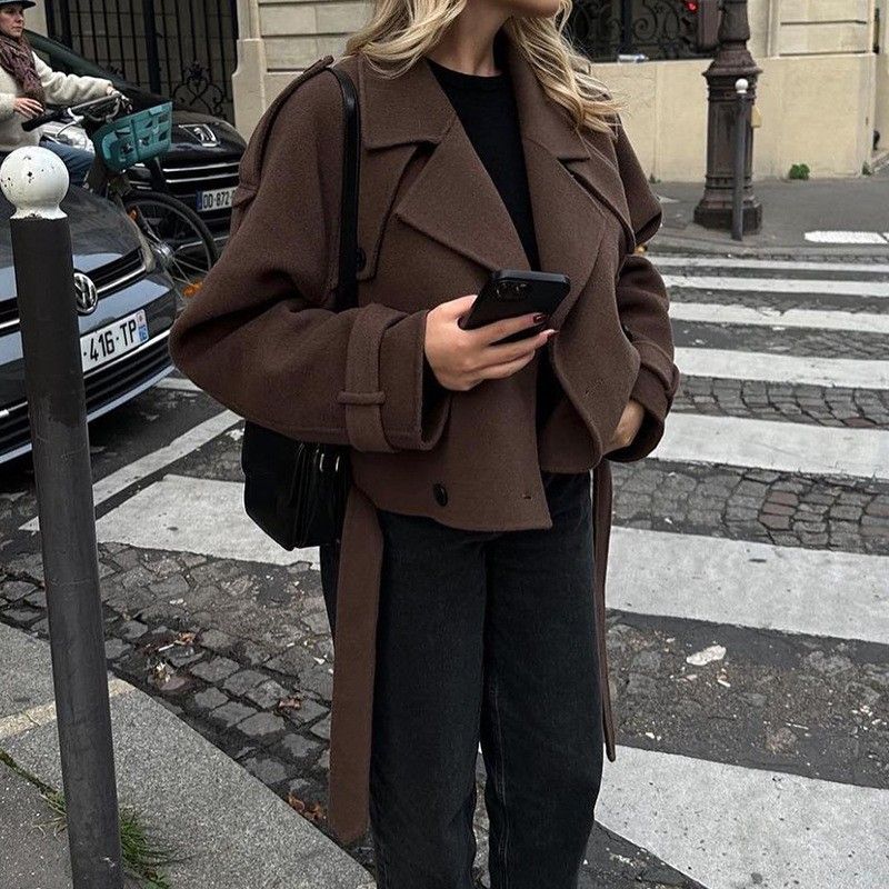 Women's Clothing Large Lapel Wool Coat Jacket Short Fashion Belted Casual England Style Winter Overcoat_ecoleips.com
