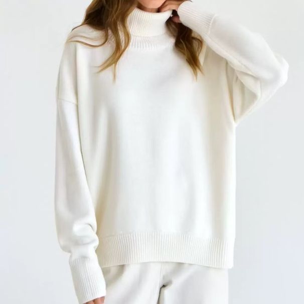 High Neck Chunky Knit Sweater – Oversized Turtleneck Pullover (Black, Beige, Blue, Green, Khaki, Orange, Pink, One Size)_ecoleips.com