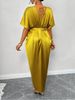 Summer New Arrival Women's Solid Color Satin V-Neck Short Sleeve Fitted Waist Skirt With Side Slit Long Skirt_ecoleips.com