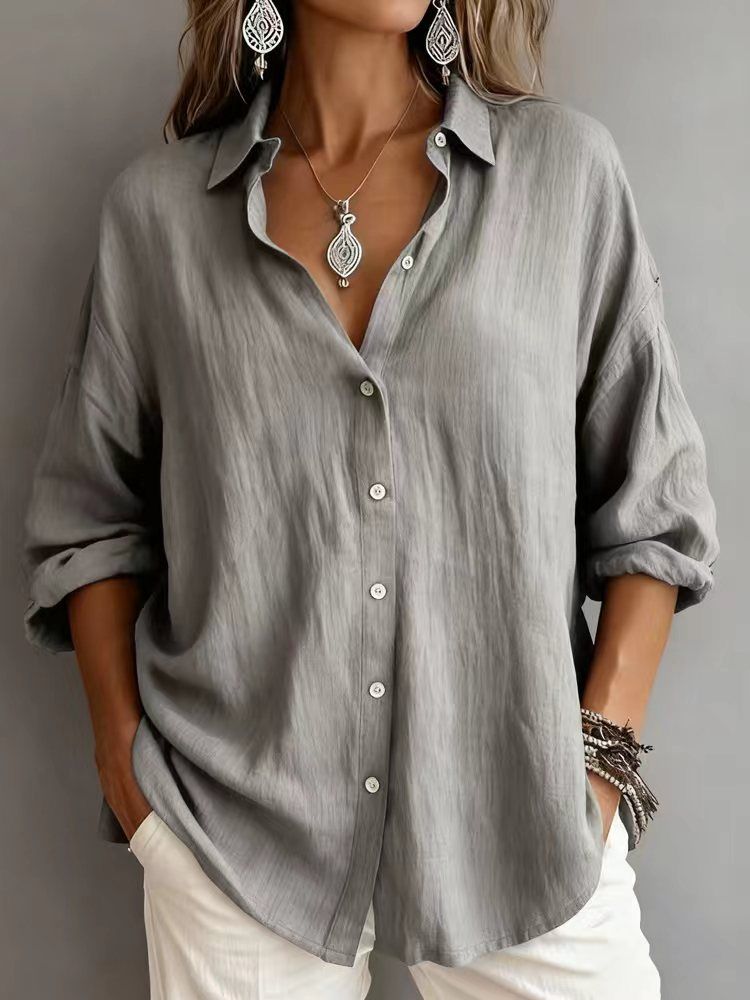 Women's Clothing Women's Fall Long Sleeve Shirt Collared Casual Loose Fit Solid Color Top Blouse_ecoleips.com