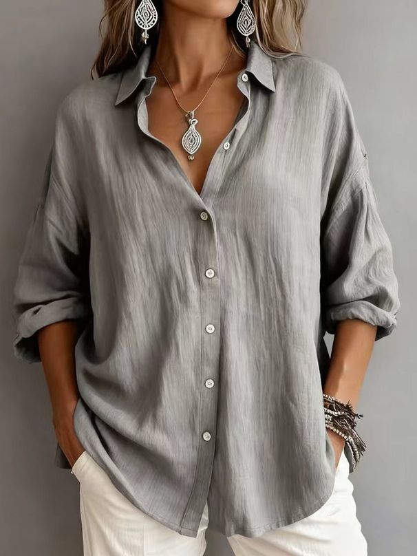 Women's Clothing Women's Fall Long Sleeve Shirt Collared Casual Loose Fit Solid Color Top Blouse_ecoleips.com