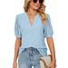 Women's Clothing Summer Casual V Neck Solid Color Hollow Bubble Sleeve Loose T Shirt Tops For Women_ecoleips.com
