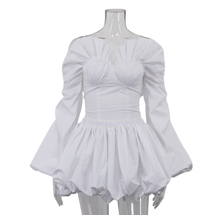 Women's Pleated Skirt Set Sexy Hot Girl Lantern Sleeve Strapless Waist Belted Top And Puff Skirt Two Piece Cross Border_ecoleips.com