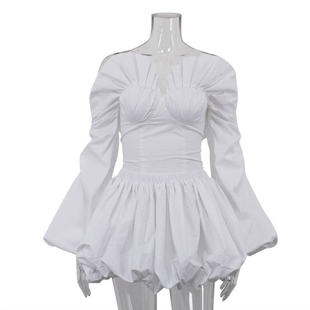Women's Pleated Skirt Set Sexy Hot Girl Lantern Sleeve Strapless Waist Belted Top And Puff Skirt Two Piece Cross Border_ecoleips.com