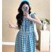 Real Shot In Stock Maternity Summer Sweet Korean Style Ruffled Skirt Flutter Sleeve Plaid Cotton Round Neck Dress_ecoleips.com