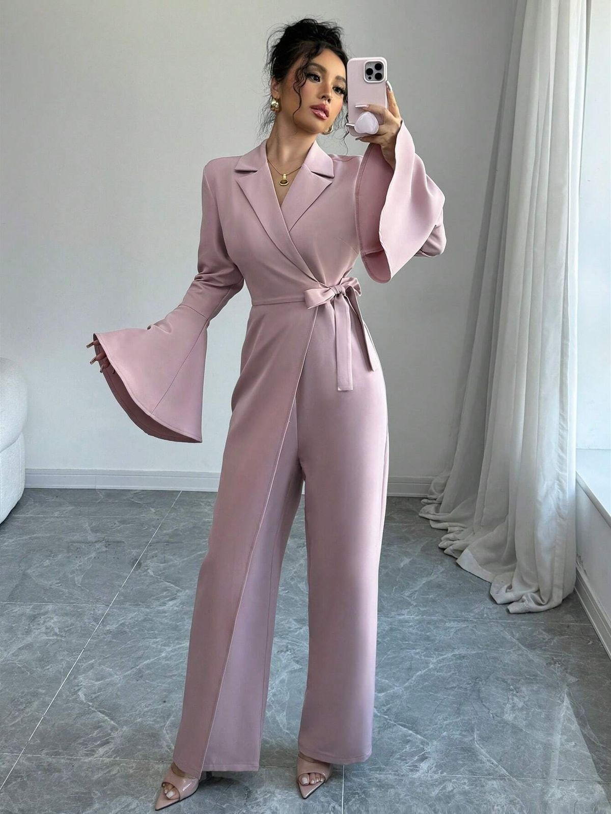 Women's Elegant Temperament Solid Color Jumpsuit Long Sleeved Flared Sleeve Wide Leg Spring Autumn American Style_ecoleips.com