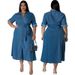 Women's Clothing Denim Lapel Long Sleeved Tie Down Mid Length Dress_ecoleips.com