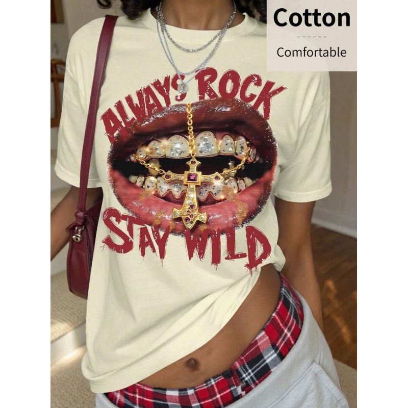 Rovax Women's Braided Print T-Shirt American Girl Style European Size_ecoleips.com