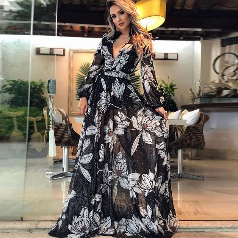 Women's Clothing New Women's Dress Sexy Deep V Long Sleeve Printed Fashion Dress_ecoleips.com