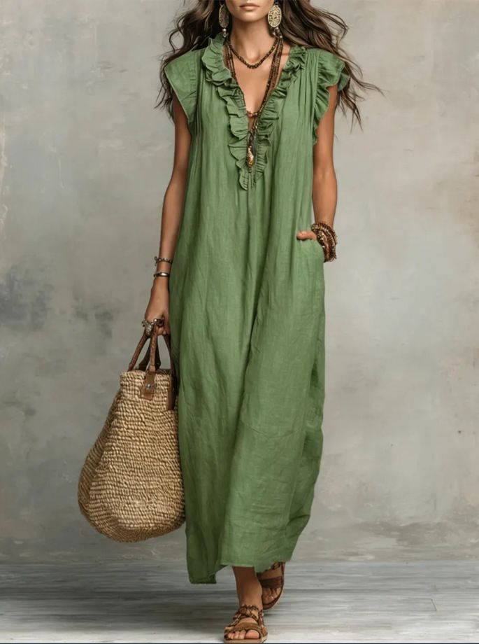 Bohemian Maxi Dress With Flutter Sleeves – Lightweight Polyester Summer Dress For Women_ecoleips.com