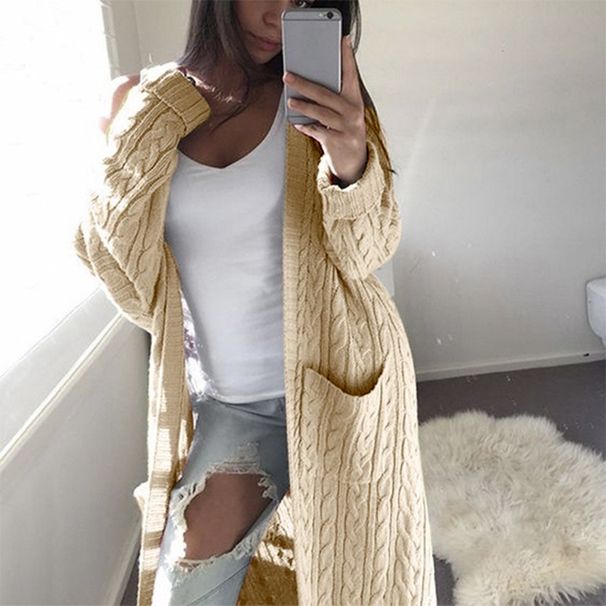 Women's Long Cardigan Sweater With Double Pockets, Chunky Knit Cable Open Front Coat, Soft Cotton Acrylic Blend, Oversized V-Neck Casual_ecoleips.com