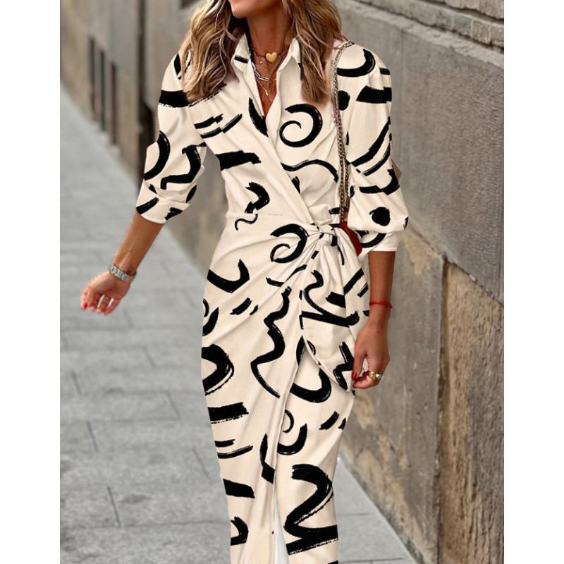Women's Spring/Summer Loose Fitting Shirt Collar Dress Waist Cinching Trendy Casual Dress_ecoleips.com