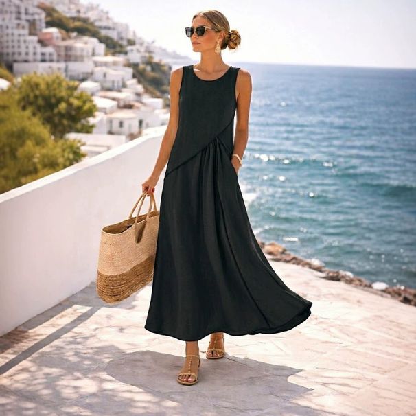 Women's Mediterranean Color Block Piped A-Line Midi Dress – Casual Boho Resort Gown For Summer 2026_ecoleips.com