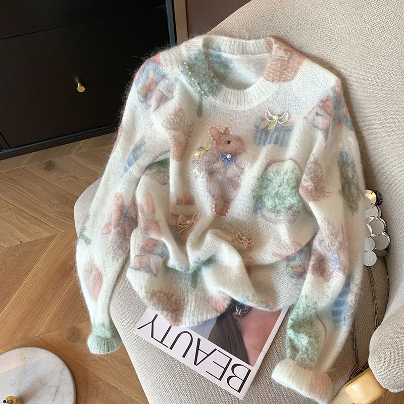 Women's Clothing Print Mohair Sweater New Sweet Soft Glutinous Knitted Top_ecoleips.com