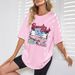 Women's Casual Pink T-Shirt round Neck Short Sleeve Loose Print Sporty Simple Top_ecoleips.com